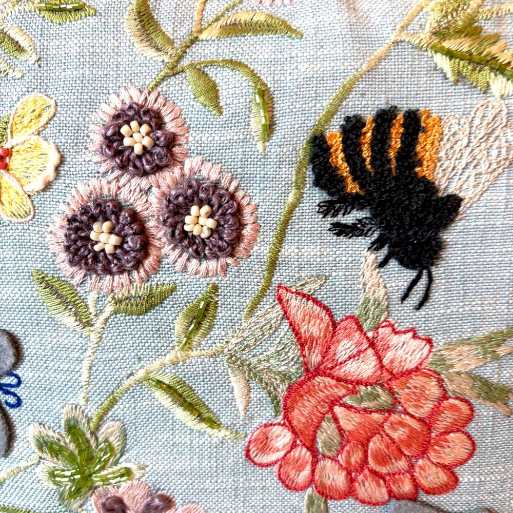 NEW Mackenzie-Childs Floral & Bee Throw Pillow 18x18 Embroidered Spring Decor - Picture 3 of 13